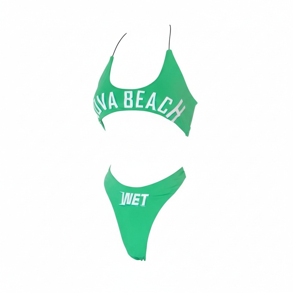 New Medium Fashion Nova Beach Green Splash 2 Piece Bikini Retro Curve Thong Wet